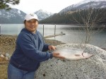 Wan Teece holds her 'fish of a lifetime' and the biggest kokanee ever documented in the United States! The monster tipped the scales at 8.23 LB. and eclipsed the recent potential Oregon State record by 3/4 LB. Photo courtesy Jack Teece
